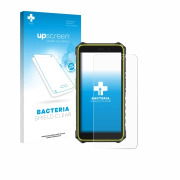Parte frontal de un envase de producto con el logotipo de la marca upscreen. Al lado se muestra el dispositivo Ulefone RugKing