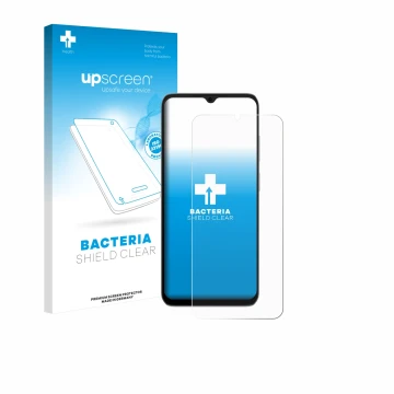 Parte frontal de un envase de producto con el logotipo de la marca upscreen. Al lado se muestra el dispositivo Doogee Note 56X