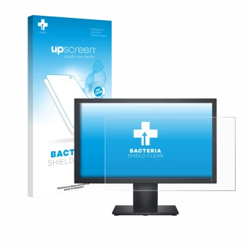 Parte frontal de un envase de producto con el logotipo de la marca upscreen. Al lado se muestra el dispositivo Dell E1920H con