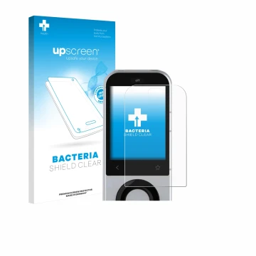 Parte frontal de un envase de producto con el logotipo de la marca upscreen. Al lado se muestra el dispositivo Sofabaton X2 co