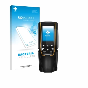 Parte frontal de un envase de producto con el logotipo de la marca upscreen. Al lado se muestra el dispositivo Testo 310 (2da 