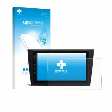 Parte frontal de un envase de producto con el logotipo de la marca upscreen. Al lado se muestra el dispositivo Dynavin D8-DF31