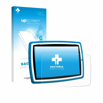 Parte frontal de un envase de producto con el logotipo de la marca upscreen. Al lado se muestra el dispositivo Lisciani Mio Ta
