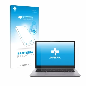 Parte frontal de un envase de producto con el logotipo de la marca upscreen. Al lado se muestra el dispositivo ASUS ExpertBook