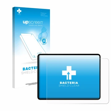 Parte frontal de un envase de producto con el logotipo de la marca upscreen. Al lado se muestra el dispositivo realme Pad 3 co