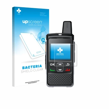 Parte frontal de un envase de producto con el logotipo de la marca upscreen. Al lado se muestra el dispositivo Hytera PNC360S 