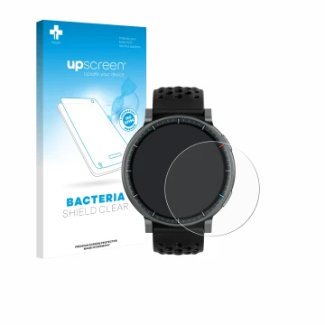 Parte frontal de un envase de producto con el logotipo de la marca upscreen. Al lado se muestra el dispositivo Amazfit Active 