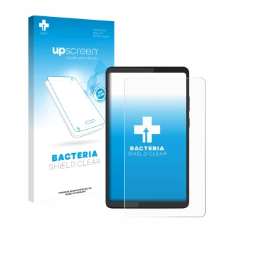 Parte frontal de un envase de producto con el logotipo de la marca upscreen. Al lado se muestra el dispositivo Lenovo Tab K9 c