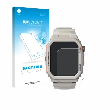 Parte frontal de un envase de producto con el logotipo de la marca upscreen. Al lado se muestra el dispositivo Rogbid Tank G2 