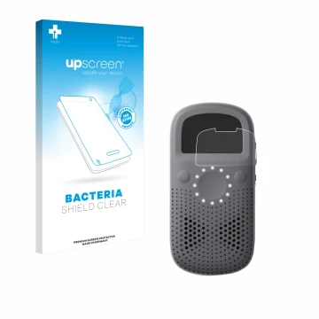 Parte frontal de un envase de producto con el logotipo de la marca upscreen. Al lado se muestra el dispositivo Relay X con su 