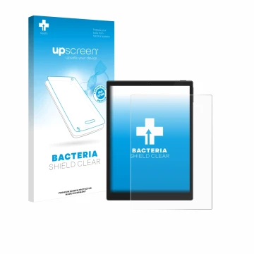 Parte frontal de un envase de producto con el logotipo de la marca upscreen. Al lado se muestra el dispositivo Hannspree Lumo 