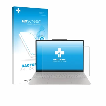 Parte frontal de un envase de producto con el logotipo de la marca upscreen. Al lado se muestra el dispositivo Lenovo Yoga Sli