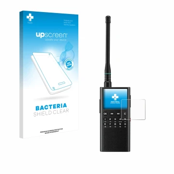 Parte frontal de un envase de producto con el logotipo de la marca upscreen. Al lado se muestra el dispositivo Choyong WT2 con