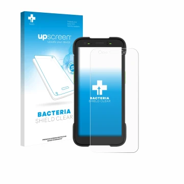 Parte frontal de un envase de producto con el logotipo de la marca upscreen. Al lado se muestra el dispositivo Zebra TC701 con