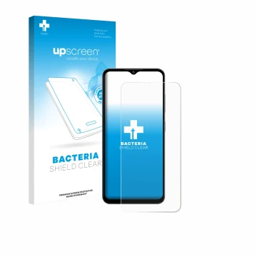 Parte frontal de un envase de producto con el logotipo de la marca upscreen. Al lado se muestra el dispositivo Oukitel C5 6,52