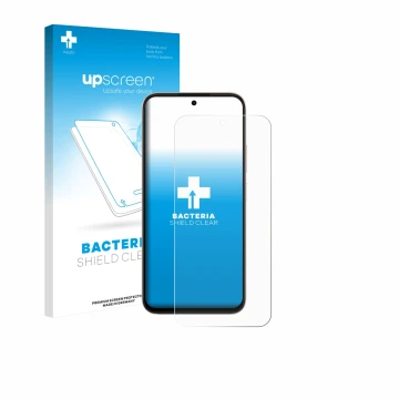 Parte frontal de un envase de producto con el logotipo de la marca upscreen. Al lado se muestra el dispositivo Oppo A6 con su 