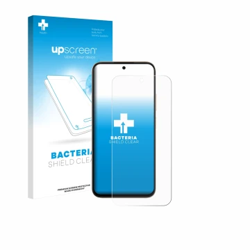 Parte frontal de un envase de producto con el logotipo de la marca upscreen. Al lado se muestra el dispositivo Oppo A6t con su