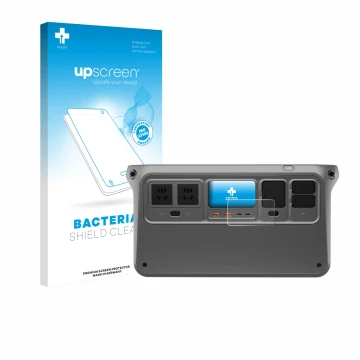 Parte frontal de un envase de producto con el logotipo de la marca upscreen. Al lado se muestra el dispositivo DJI Power 1000 