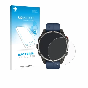 Parte frontal de un envase de producto con el logotipo de la marca upscreen. Al lado se muestra el dispositivo Garmin quatix 8