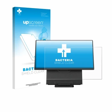 Parte frontal de un envase de producto con el logotipo de la marca upscreen. Al lado se muestra el dispositivo Blackview Table