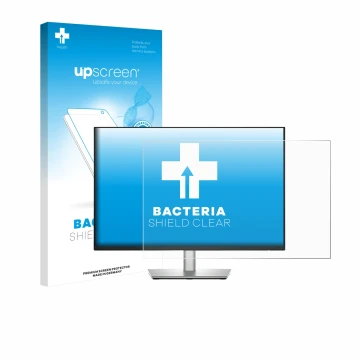 Parte frontal de un envase de producto con el logotipo de la marca upscreen. Al lado se muestra el dispositivo Dell P2425E con