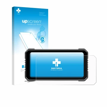 Parte frontal de un envase de producto con el logotipo de la marca upscreen. Al lado se muestra el dispositivo Vtopek MT26 6.2