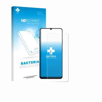 Parte frontal de un envase de producto con el logotipo de la marca upscreen. Al lado se muestra el dispositivo realme Note 70 