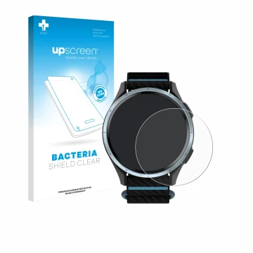 Parte frontal de un envase de producto con el logotipo de la marca upscreen. Al lado se muestra el dispositivo Garmin Approach