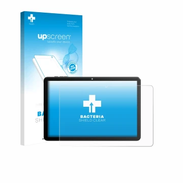 Parte frontal de un envase de producto con el logotipo de la marca upscreen. Al lado se muestra el dispositivo Rebecco Z50 10.