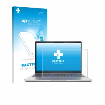 Parte frontal de un envase de producto con el logotipo de la marca upscreen. Al lado se muestra el dispositivo HP EliteBook 8 