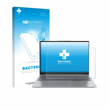 Parte frontal de un envase de producto con el logotipo de la marca upscreen. Al lado se muestra el dispositivo Lenovo ThinkBoo