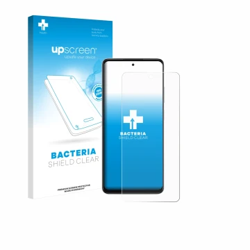 Parte frontal de un envase de producto con el logotipo de la marca upscreen. Al lado se muestra el dispositivo Oppo A5x 4G con