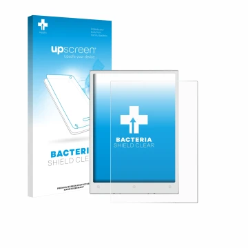 Parte frontal de un envase de producto con el logotipo de la marca upscreen. Al lado se muestra el dispositivo Viwoods AiPaper