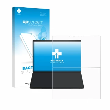 Parte frontal de un envase de producto con el logotipo de la marca upscreen. Al lado se muestra el dispositivo ASUS ZenBook Du