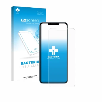 Parte frontal de un envase de producto con el logotipo de la marca upscreen. Al lado se muestra el dispositivo Huawei Nova 14i