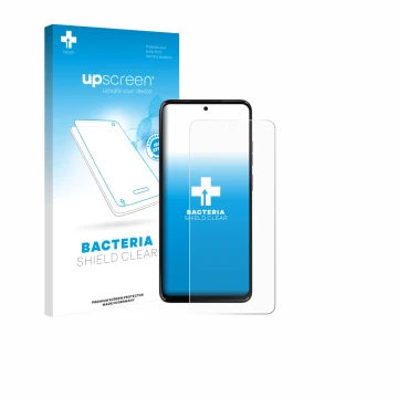 Parte frontal de un envase de producto con el logotipo de la marca upscreen. Al lado se muestra el dispositivo Motorola Moto G