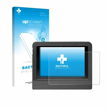 Parte frontal de un envase de producto con el logotipo de la marca upscreen. Al lado se muestra el dispositivo Launch X-431 V 