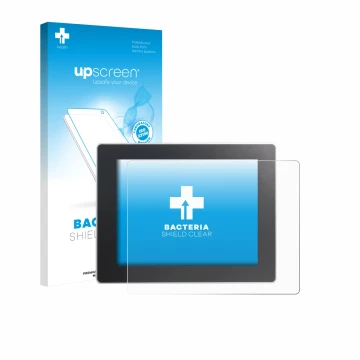 Parte frontal de un envase de producto con el logotipo de la marca upscreen. Al lado se muestra el dispositivo Weintek cMT3092