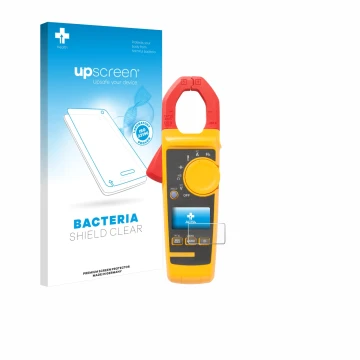 Parte frontal de un envase de producto con el logotipo de la marca upscreen. Al lado se muestra el dispositivo Fluke 325 con s