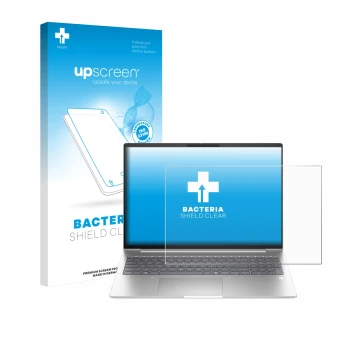Parte frontal de un envase de producto con el logotipo de la marca upscreen. Al lado se muestra el dispositivo HP EliteBook 6 