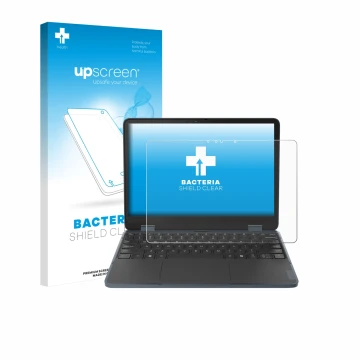 Parte frontal de un envase de producto con el logotipo de la marca upscreen. Al lado se muestra el dispositivo Lenovo 500w 2-i