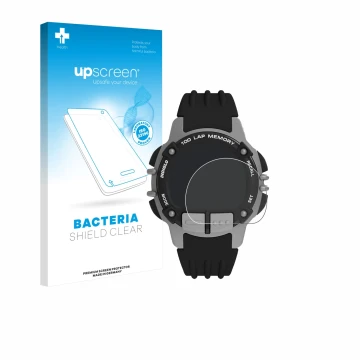 Parte frontal de un envase de producto con el logotipo de la marca upscreen. Al lado se muestra el dispositivo Timex Ironman T