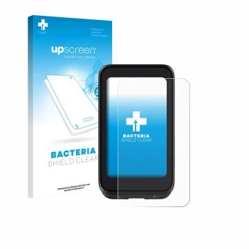 Parte frontal de un envase de producto con el logotipo de la marca upscreen. Al lado se muestra el dispositivo igpsport BiNavi