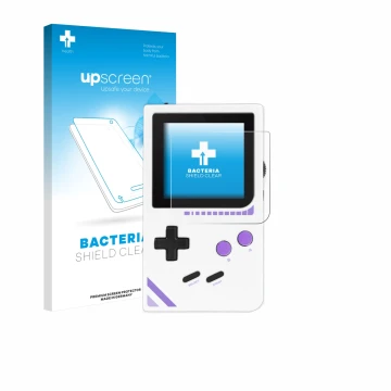 Parte frontal de un envase de producto con el logotipo de la marca upscreen. Al lado se muestra el dispositivo Modretro Chroma