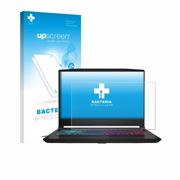 Parte frontal de un envase de producto con el logotipo de la marca upscreen. Al lado se muestra el dispositivo MSI Katana 15 H