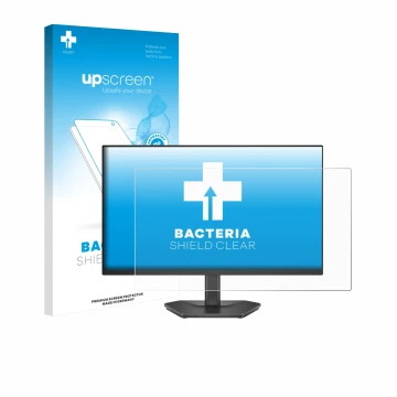 Parte frontal de un envase de producto con el logotipo de la marca upscreen. Al lado se muestra el dispositivo Dell 24 SE2426H