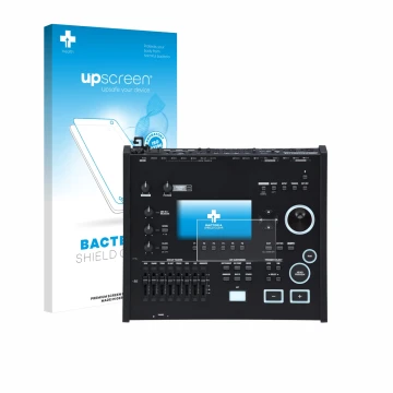 Parte frontal de un envase de producto con el logotipo de la marca upscreen. Al lado se muestra el dispositivo Roland V71 con 