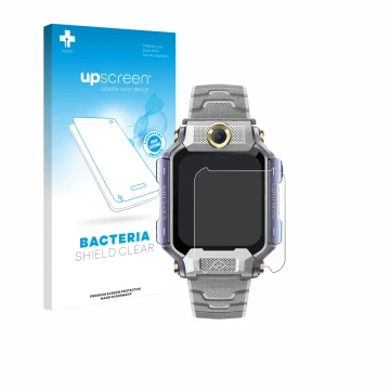 Parte frontal de un envase de producto con el logotipo de la marca upscreen. Al lado se muestra el dispositivo Imoo Watch Phon