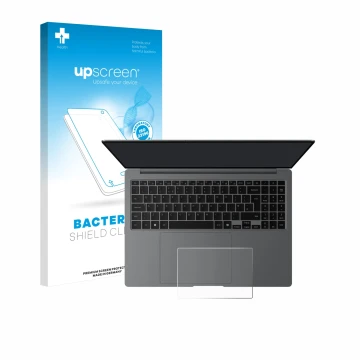 Parte frontal de un envase de producto con el logotipo de la marca upscreen. Al lado se muestra el dispositivo Samsung Galaxy 