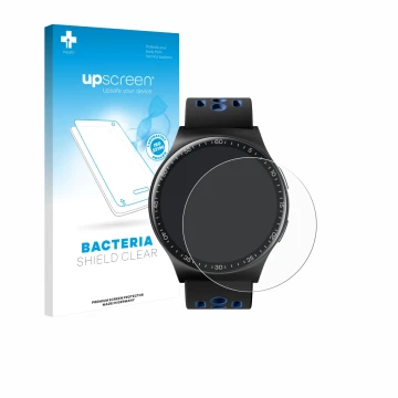 Parte frontal de un envase de producto con el logotipo de la marca upscreen. Al lado se muestra el dispositivo Reebok Pulse Sm